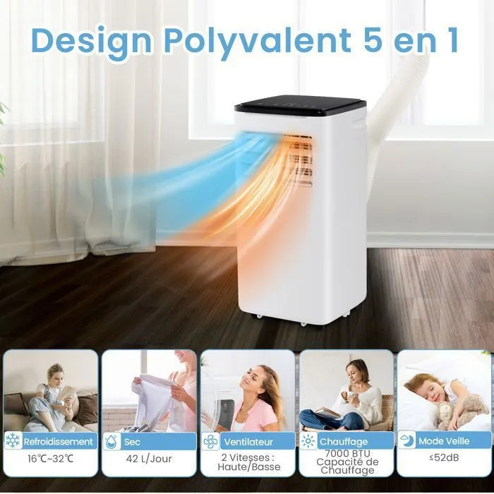 COSTWAY 5 en 1 R290 Climatiseur Mobile 9000 BTU, Refroidissement Chauffage, Déshumidificateur, Contrôle via APP WiFi, Minuterie 24h – Image 6